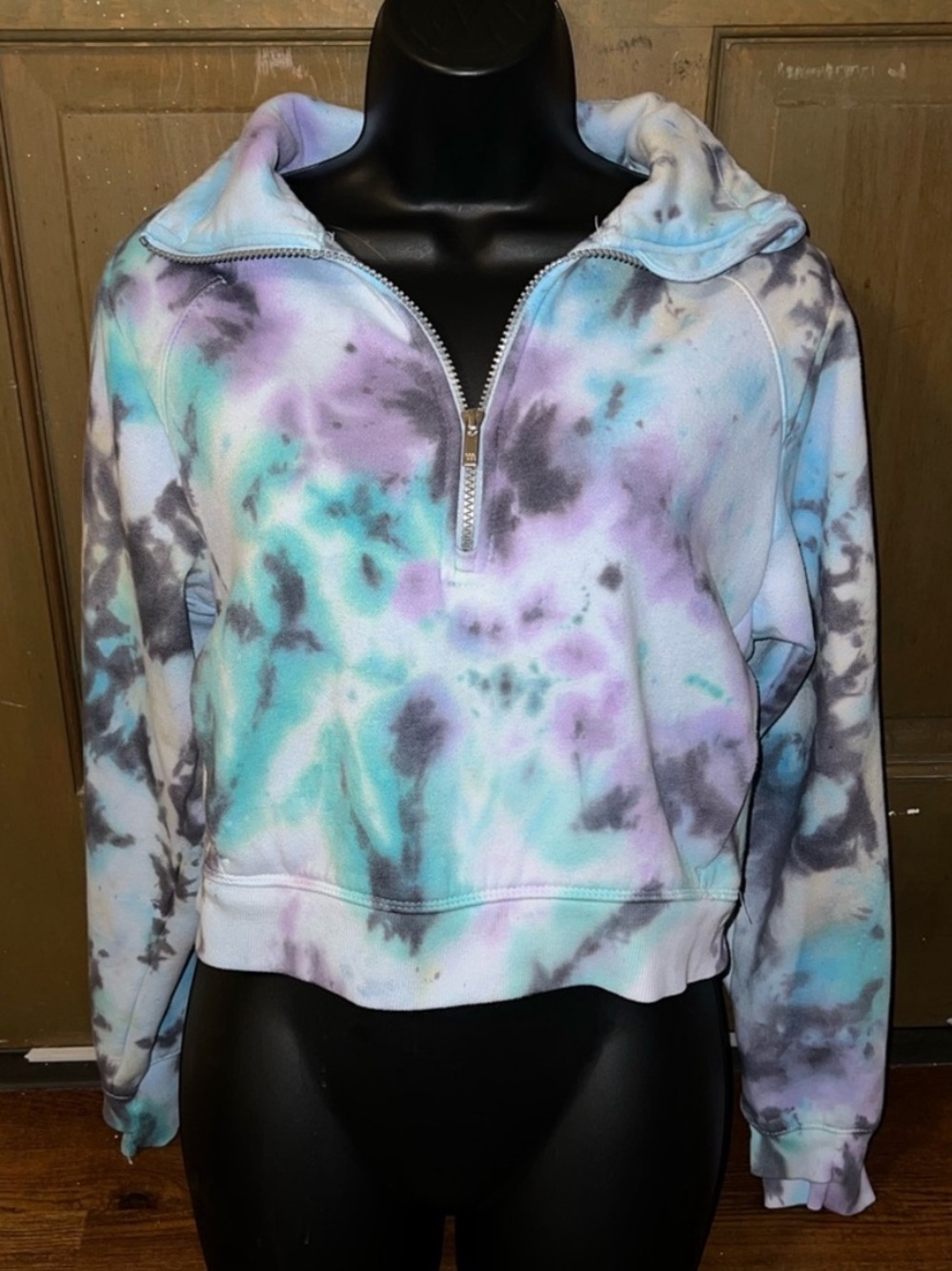 Tie Dye Cropped Pullover Blue Fleece Quarter Zip Activewear Lounge Casual Size S - Picture 2 of 9